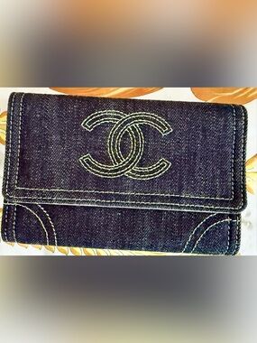 CHANEL Gold Metallic and Indigo Denim Wallet